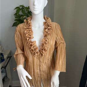 Harve Benard Tan Ruffled Pleated Blouse